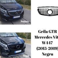 Grilă GTR neagră pentru Mercedes Vito W447 (2015-2019), prezentată împreună cu rama superioară, material ABS rezistent, vedere frontală pe fundal alb.