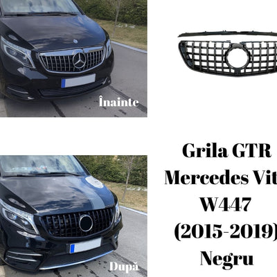 Colaj cu Mercedes Vito W447 (2015-2019) înainte și după montaj grilă GTR negru lucios, fotografii frontale și laterale pentru prezentarea efectului vizual.
