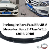 Prelungire bară față BRABUS pentru Mercedes-Benz E-Class W213 (2016-2019), piesă aftermarket din fibră de carbon, culoare negru lucios, vedere frontală pe fundal alb.