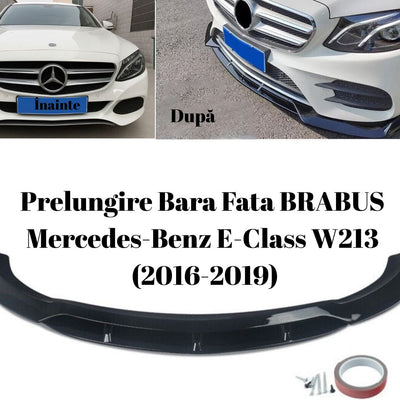 Colaj comparativ cu Mercedes-Benz E-Class W213 (2016-2019) alb, imagine înainte și după instalarea prelungirii bară față BRABUS, design sportiv Gloss Black.