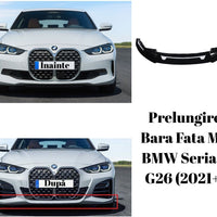 Prelungire bară față MP Look pentru BMW Seria 4 G26 Gran Coupe (2021+), fabricată din ABS rezistent, finisaj negru lucios – piesă auto aftermarket.