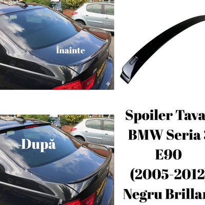BMW Seria 3 E90 sedan negru, vedere spate 3/4, prezentare comparativă înainte și după instalarea spoilerului de tavan negru brillant.
