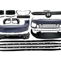 Set complet R-Line pentru Volkswagen Golf 8 (2020+), vedere frontală a componentelor: bară față, grilă centrală, lame inferioare, grile laterale și accesorii, din ABS de calitate superioară. Compatibil cu modele Golf 8 non-GTI/GTI Clubsport.