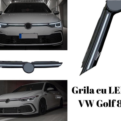 Grilă LED compatibilă VW Golf 8, imagini din față și lateral, produs aftermarket cu iluminare DRL integrată pentru vizibilitate sporită.