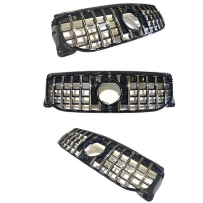 Pachet complet grilă GTR cromată pentru Mercedes GLB X247 (2016+), prezentare din mai multe unghiuri, design aftermarket premium.