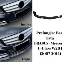 Prelungire bară față BRABUS Gloss Black pentru Mercedes C-Class W204 2007–2014, piesă aftermarket aerodinamică din fibră de carbon.