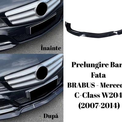 Colaj comparativ înainte și după montaj prelungire bară față BRABUS pe Mercedes C-Class W204 2007–2014, unghi frontal apropiat.