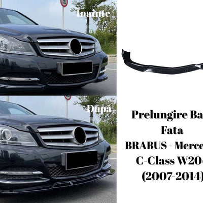 Colaj lateral față cu montaj prelungire bară BRABUS pe Mercedes C-Class W204 2007–2014, aspect sportiv și aerodinamic îmbunătățit.