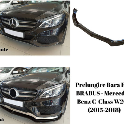 Colaj comparativ Mercedes-Benz C-Class W205 (2015–2018) înainte și după montarea prelungirii bară față BRABUS din ABS negru lucios.