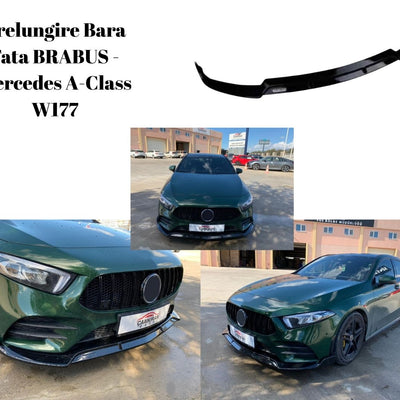 Mercedes-Benz A-Class W177 verde, echipat cu prelungire bară față BRABUS Gloss Black, prezentat din față și lateral, montaj complet aftermarket.