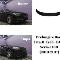Prelungire bară față M-Tech design Gloss Black pentru BMW Seria 5 F10 (2010-2017), componentă aftermarket din ABS rezistent, vedere frontală detaliată.