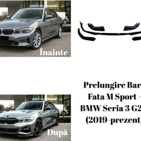 Comparație vizuală între BMW Seria 3 G20 în versiune standard și același model echipat cu prelungire bară față M Sport – Gloss Black – vedere frontală ușor laterală