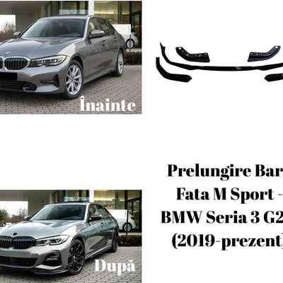 Set complet de prelungire bară față M Sport pentru BMW Seria 3 G20, format din 6 componente din plastic ABS negru lucios, așezate pe fundal alb