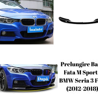 Prelungire bară față M Sport pentru BMW Seria 3 F30 (2012-2018), splitter negru lucios din ABS, vedere frontală pe fundal alb, componentă aftermarket.