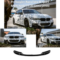 Prelungire bară față M Sport pentru BMW Seria 3 F30 (2012-2018), splitter negru lucios din ABS, vedere frontală pe fundal alb, componentă aftermarket.