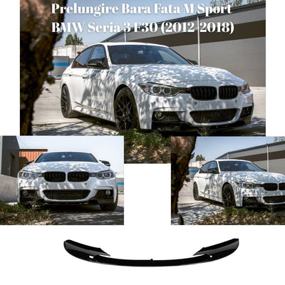 BMW Seria 3 F30 alb (2012-2018) echipat cu prelungire bară față M Sport din ABS negru lucios, fotografii din față și unghi lateral pentru prezentare montaj.