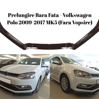 Prelungire bară față pentru Volkswagen Polo MK5 (2009-2017), componentă aftermarket din plastic negru, vedere frontală a piesei.
