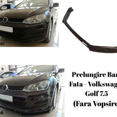 Montaj prelungire bară față pe Volkswagen Golf 7.5 (2018–2020), colaj comparativ înainte și după instalarea componentelor aftermarket.