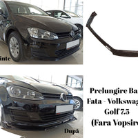 Prelungire bară față pentru Volkswagen Golf 7.5 (2018–2020), piesă auto aftermarket din plastic ABS, imagine frontală pe fundal alb.