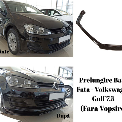 Volkswagen Golf 7.5 echipat cu prelungire bară față, imagine laterală cu aspect sportiv, componentă tuning aftermarket din plastic ABS.