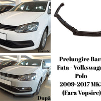 Prelungire bară față pentru Volkswagen Polo MK5 (2009-2017), componentă aftermarket din plastic negru, vedere frontală a piesei.
