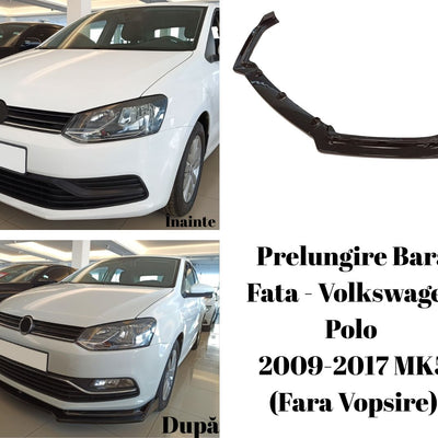 Colaj comparativ Volkswagen Polo 2009-2017 MK5, imagine înainte fără prelungire și după instalarea prelungirii barei față, stil sportiv.