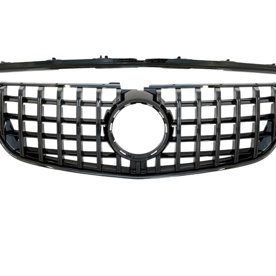 Grilă GTR neagră pentru Mercedes Vito W447 (2015-2019), prezentată împreună cu rama superioară, material ABS rezistent, vedere frontală pe fundal alb.
