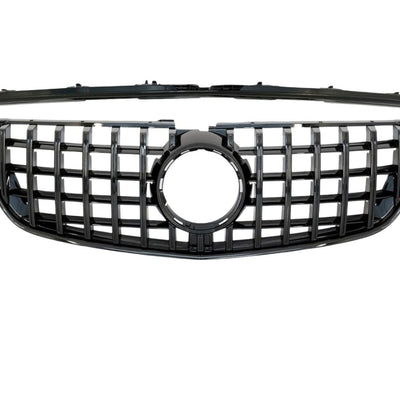 Grilă GTR neagră pentru Mercedes Vito W447 (2015-2019), prezentată împreună cu rama superioară, material ABS rezistent, vedere frontală pe fundal alb.