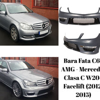 Bară față sport C63 AMG pentru Mercedes Clasa C W204 Facelift 2012–2015, cu grilă centrală și ornamente laterale, piesă aftermarket pregătită pentru vopsire