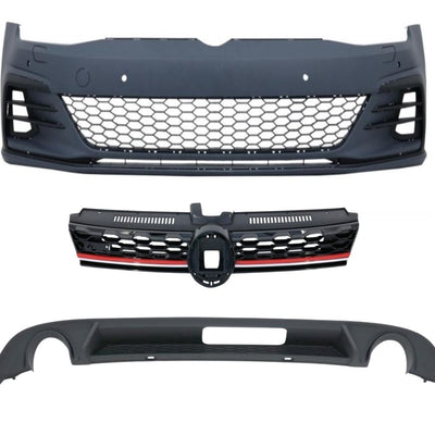 Pachet 3 piese tuning R-Line pentru Volkswagen Golf 7.5 facelift 2017+, bară față cu grilă tip fagure, difuzor spate sportiv, material ABS, compatibil OEM.
