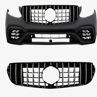 Kit exterior complet AMG63S pentru Mercedes GLC X253, include bară față, bară spate, grilă Panamericana și ornamente evacuare – upgrade sportiv.