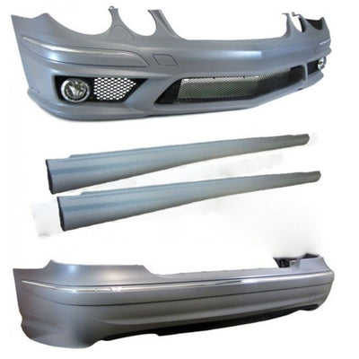 Kit exterior E63 AMG pentru Mercedes E W211 – include bară față sport, bară spate și set praguri laterale din PP pregătite de vopsire.