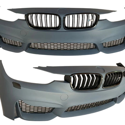 Colaj cu bară față M3 Style pentru BMW F30/F31, prezentând două unghiuri: frontal și lateral. Include toate detaliile: grile de aerisire, grile centrale și design aerodinamic sportiv.