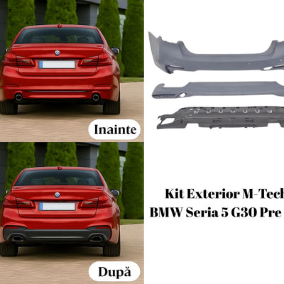 Conținutul kitului include bară spate M-Tech, difuzor evacuare dublă și panou de protecție sub caroserie. Ideal pentru un upgrade estetic curat și sportiv, fără a afecta funcționalitatea mașinii.