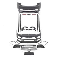 Set complet de piese pentru kit exterior R-Line Volkswagen Golf 8 (2020+), prezentare desfășurată cu toate componentele incluse: bare, grile, difuzoare, elemente decorative și accesorii de montaj.