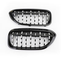 Grilă frontală sport Diamond Piano Black compatibilă BMW Seria 5 G30/G31, design modern, vedere din unghi oblic pentru detalii de finisaj.