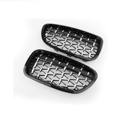 Set complet grile frontale tip diamant pentru BMW F10 F11, fotografiate de sus, design modern și finisaj premium negru lucios.