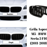 Vedere frontală a unei grile față tip M5 Look pentru BMW Seria 5 F10 (2011–2018), material ABS negru lucios, componentă aftermarket.