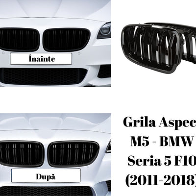 Pereche de grile față M5 Look pentru BMW Seria 5 F10, prezentate împreună, ABS negru lucios, compatibile doar cu modelele non-M5.
