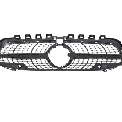 Imagine din spate a grilei Diamond gri pentru Mercedes A-Class W177, prezentând structura de prindere OEM și designul din ABS rezistent.