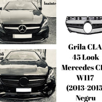 Grilă frontală CLA 45 Look Negru compatibilă cu Mercedes CLA W117 2013–2015, fabricată din ABS rezistent, design sportiv tip plasă.
