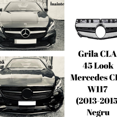 Vedere spate grilă CLA 45 Look Negru pentru Mercedes CLA W117 2013–2015, structură ABS cu prinderi compatibile OEM.