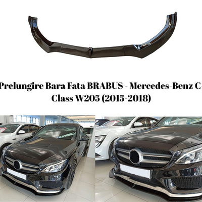 Colaj cu splitter BRABUS pentru bară față Mercedes-Benz C-Class W205 (2015–2018), piesă individuală și montată pe mașină, finisaj negru lucios.