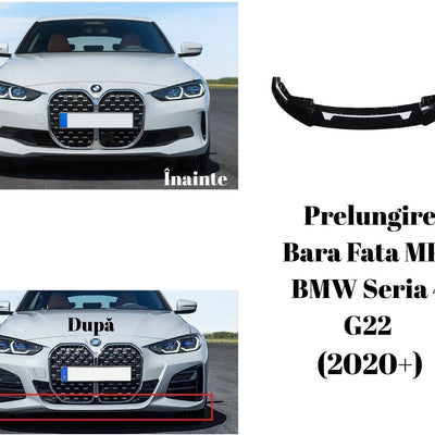 BMW Seria 4 G22 alb 2020+ prezentat înainte și după montarea splitterului bară față MP Look negru lucios, evidențiere aspect sportiv și agresiv.