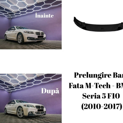 Demonstrație vizuală montaj splitter bară față M-Tech Gloss Black pe BMW Seria 5 F10 alb (2010-2017), comparație înainte și după.