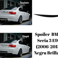 Spoiler auto din ABS negru brillant pentru BMW Seria 3 E92 (2006-2013), fotografiat lateral, design sportiv, finisaj lucios.