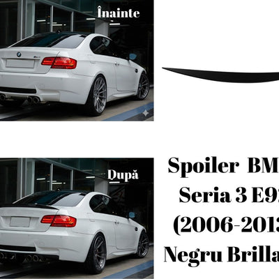 Spoiler sportiv negru brillant montat pe portbagaj BMW Seria 3 E92 coupe, vedere din spate oblic, design aerodinamic.
