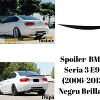 Spoiler auto din ABS negru brillant pentru BMW Seria 3 E92 (2006-2013), fotografiat lateral, design sportiv, finisaj lucios.