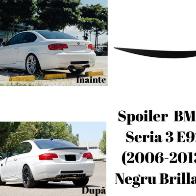 Comparație înainte și după montaj spoiler negru brillant pe portbagaj BMW Seria 3 E92 coupe, vedere spate lateral.