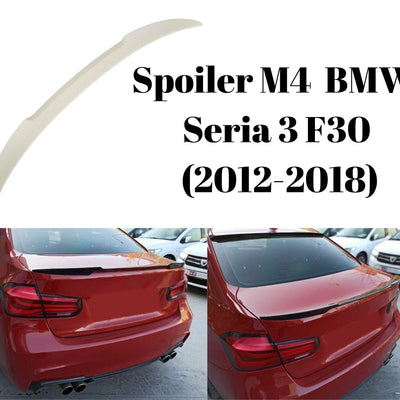 Vedere spate BMW Seria 3 F30 Sedan roșu, spoiler M4 Look ABS alb montat, componentă tuning auto sport.